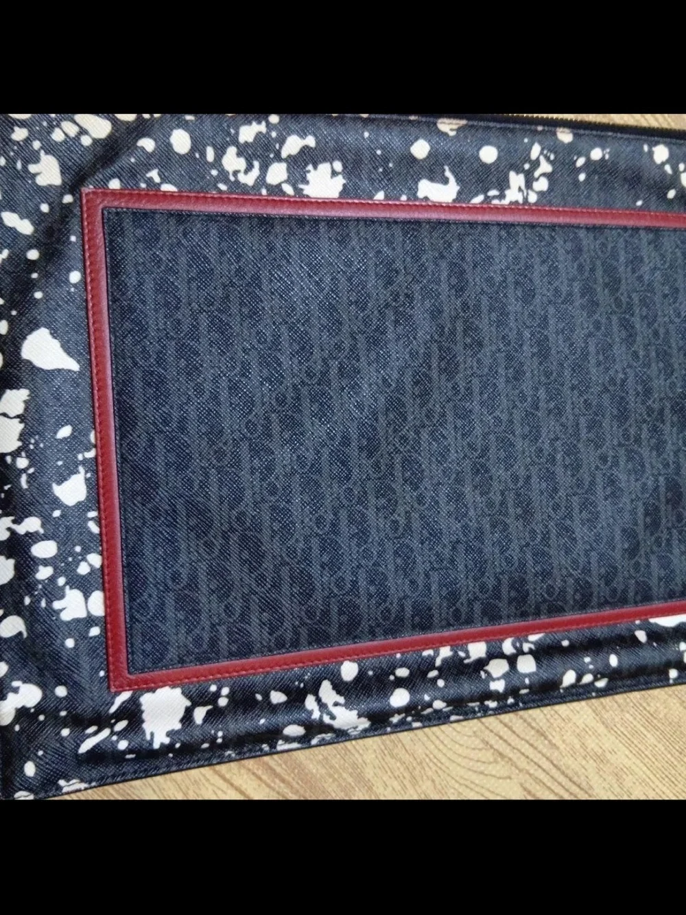 Dior Black and White Splatter Zip Clutch with Red Trim